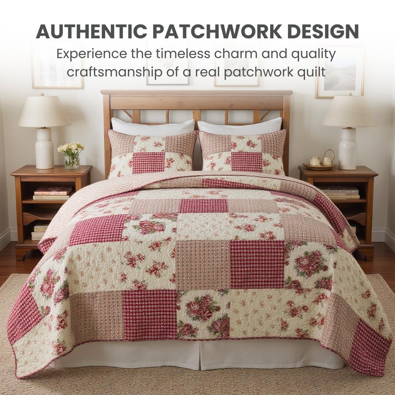 SLPR Country Roses Patchwork Cotton Pieced Quilt Set - Queen Size with 2 Shams, French Country Style Floral Bedding, Red Rose Farmhouse Quilted Bedspread with Flower Pattern - Image 2